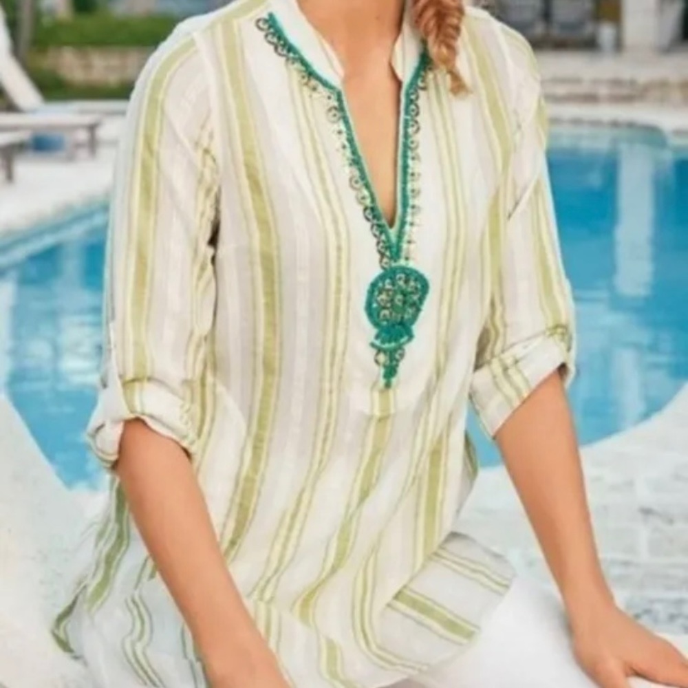 SOFT SURROUNDINGS Elisha Turquoise Beaded Cotton Stripe Tunic Top Blouse M